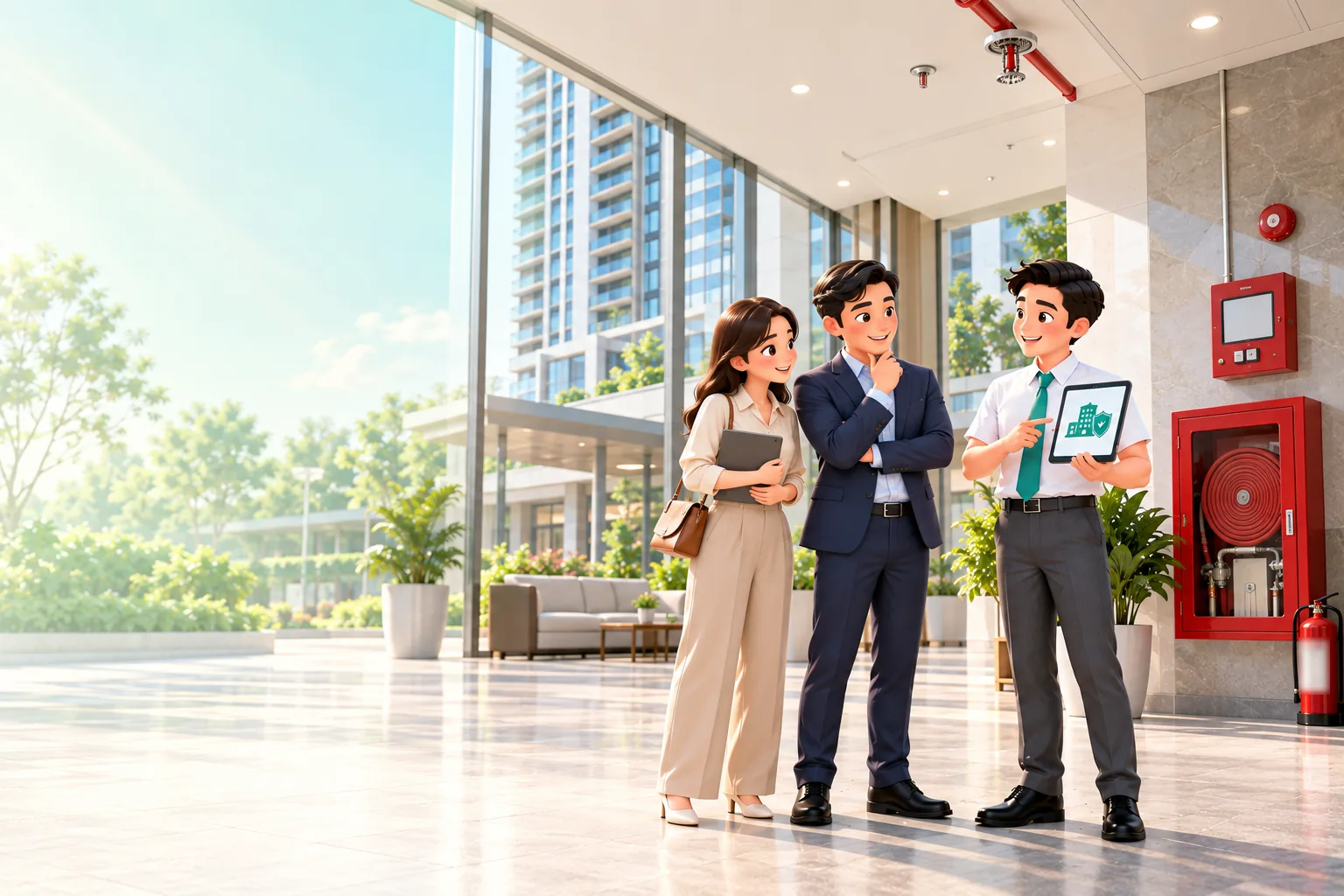 Tư vấn viên DBV trao đổi với Ban quản lý toà nhà tại sảnh có hệ thống chữa cháy