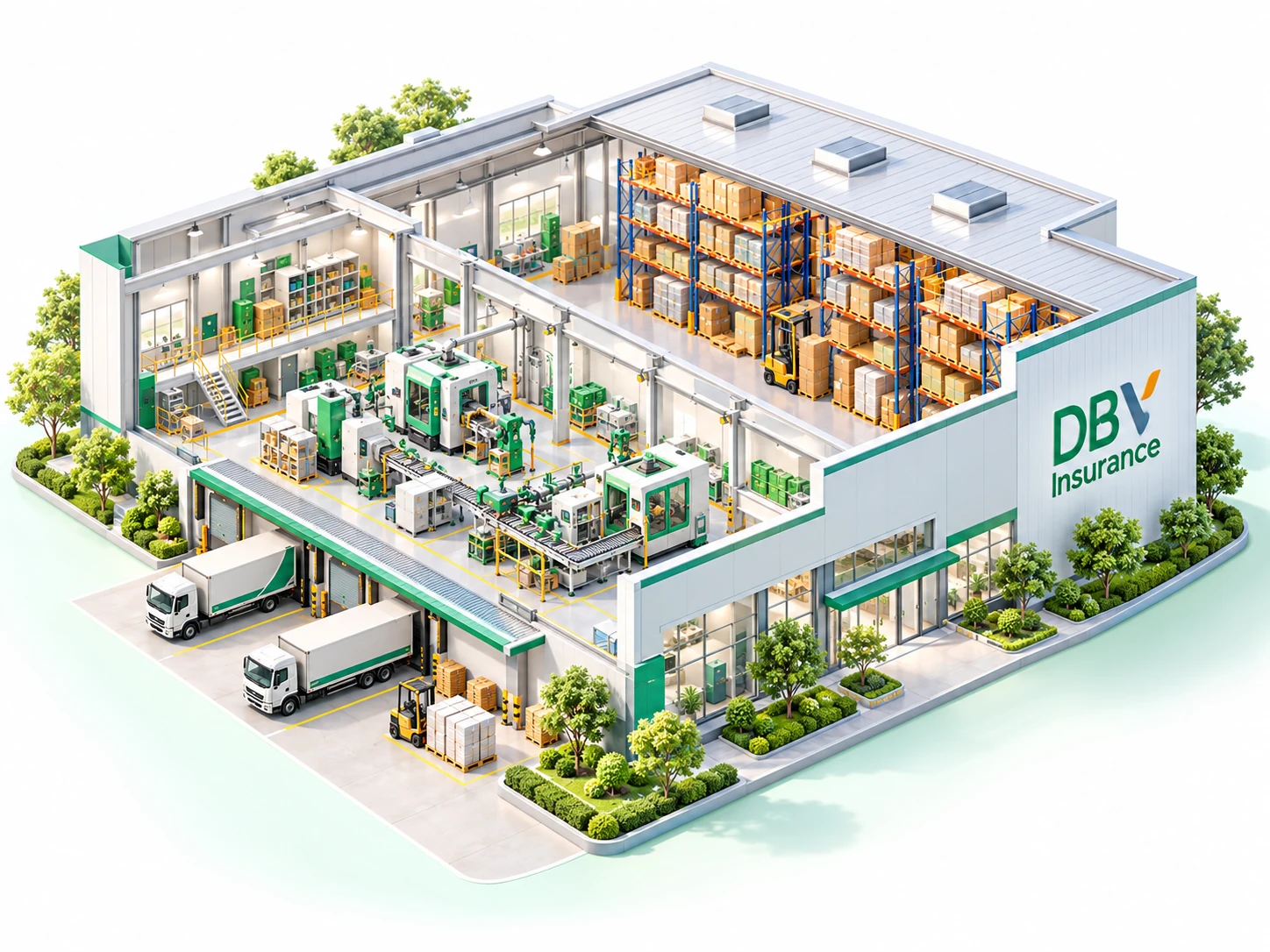 Minh họa nhà xưởng DBV với công trình, máy móc và hàng hóa
