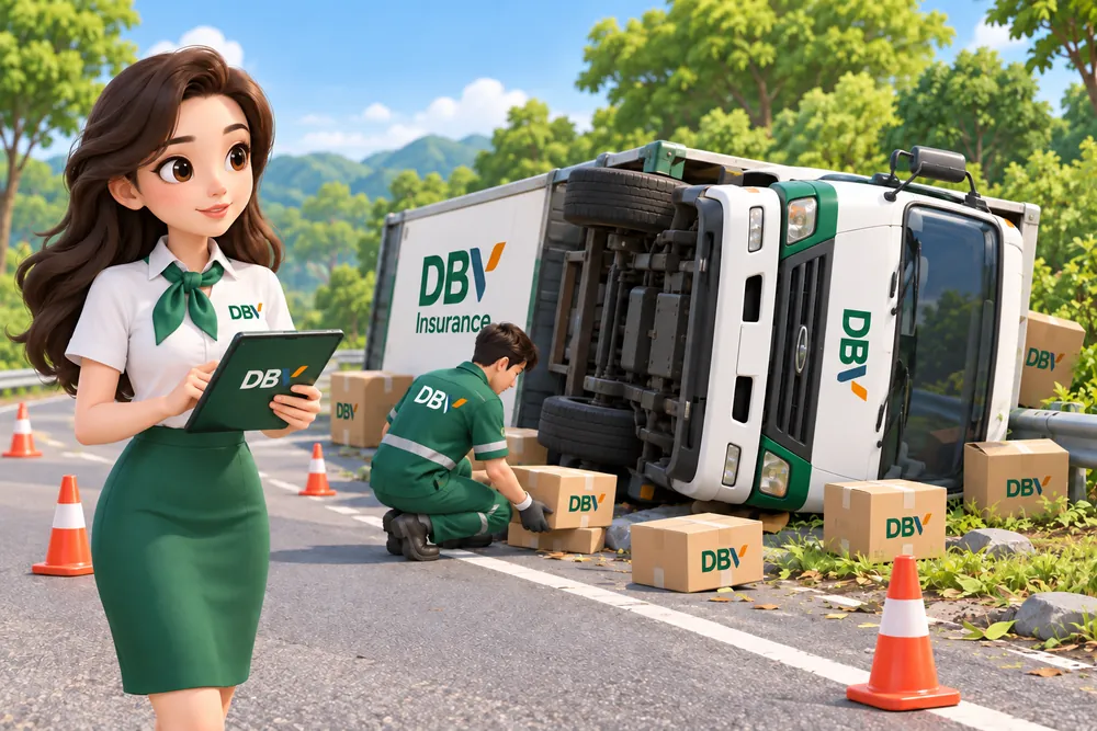 Minh họa xe chở hàng bị lật, hàng hóa rơi bên đường