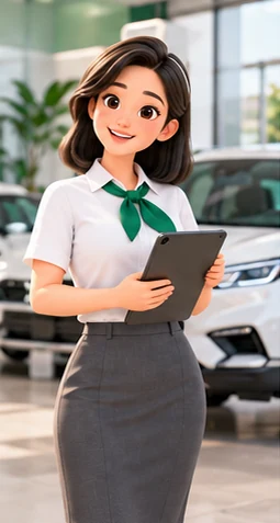 Chuyên viên tư vấn DBV247 cầm máy tính bảng tại showroom xe