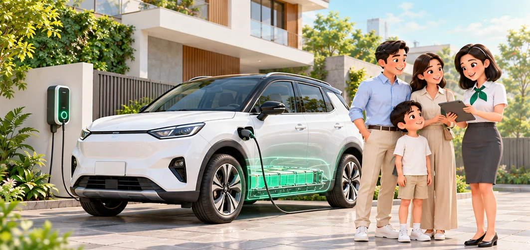 Tư vấn viên DBV247 giới thiệu bảo hiểm cho gia đình chủ xe ô tô điện bên trụ sạc