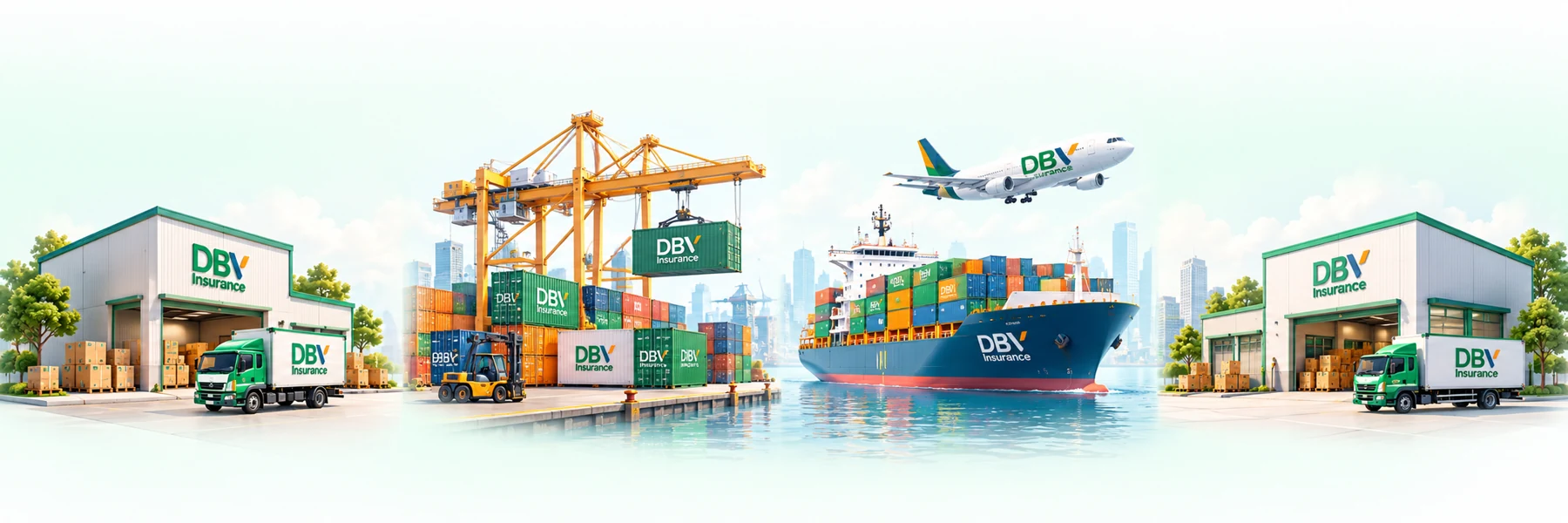 Minh họa hành trình từ kho đi qua cảng, vận chuyển quốc tế đến kho nhận với nhận diện DBV